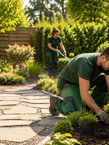 Professional landscaping team planting shrubs and hauling soil for a backyard garden renovation.