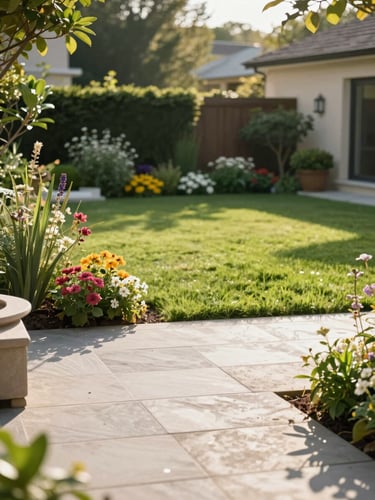 Bright, sun-drenched portrait of a beautifully landscaped residential garden, featuring a clean stone patio, lush green lawn, and vibrant flower beds in the soft morning light.
