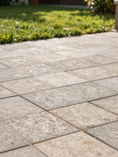 Bright, sun-drenched outdoor shot of a newly paved residential terrace, clean stone joints, lush green grass in the background, natural morning light.
