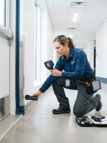 Bright high-key commercial photography of a uniformed facility technician inspecting sealed entry points with modern equipment, crisp natural daylight, clean white and deep blue tones, sharp focus, 35mm