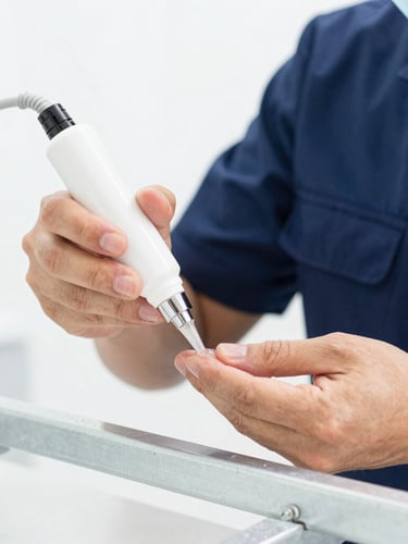 Bright high-key commercial photography, close-up of hands-at-work as a professional technician in a dark blue uniform applies a precise gel treatment to a clean metal fixture, sharp focus, 35mm