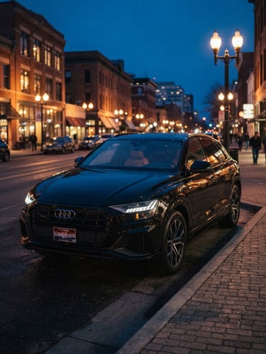 Cinematic editorial photography of a clean black premium SUV parked in downtown Boise at twilight, warm streetlights reflecting on the polished paint, shallow depth of field, 35mm.