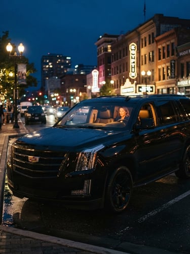 Cinematic editorial photo of a clean, late-model black premium SUV parked in downtown Boise at twilight, warm interior vehicle glow, soft streetlights, 35mm