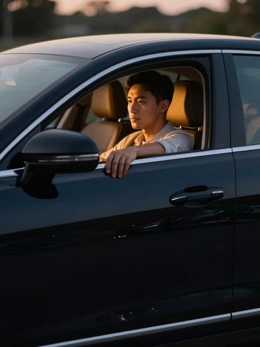 A professional local driver in smart-casual attire holding open the door of a clean, modern black sedan under warm evening ambient lights, soft focus, cinematic 35mm.
