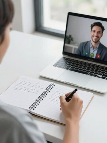 Over-the-shoulder view of an adult student's workspace, a clean notebook with handwritten Spanish notes, a laptop displaying a live video lesson with a smiling teacher, bright natural daylight.