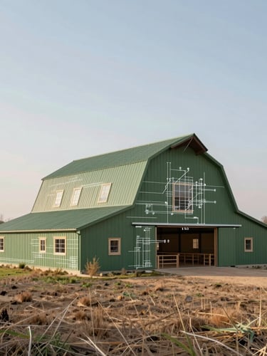Architectural rendering of a modern sustainable barn, technical blueprint lines overlaid, crisp morning light, earthy green accents.