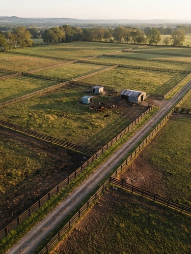 Overhead drone shot of raw land layout with geometric pasture fence lines, golden hour morning light, crisp architectural-agricultural perspective.