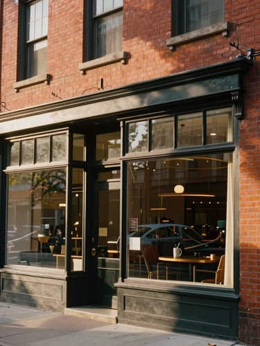 Warm brick exterior of the Monroe Street storefront in Washington DC, soft natural afternoon light filtering through large glass windows, historic architecture.