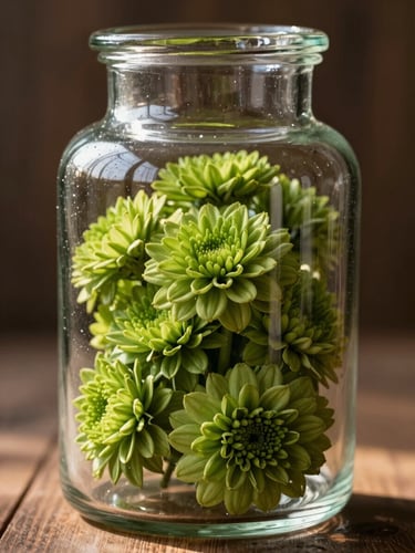 Macro shot of clean, well-trimmed green flower inside a heavy glass apothecary jar, warm afternoon light filtering through, soft shadows, dark wood background.