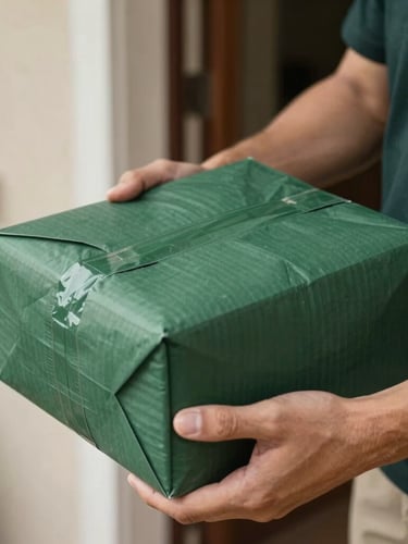 Close-up macro shot of a professional courier's hands holding a discreet, unmarked forest green package at a residential doorstep, soft natural shadows.