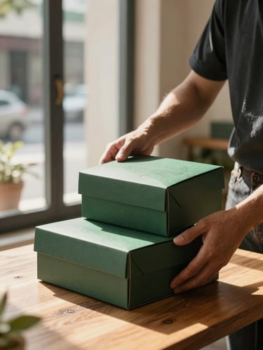 Warm natural afternoon light filtering through storefront windows, hands carefully packaging a delivery order in an elegant forest green box on a wooden table.