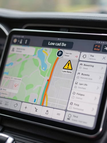 Close-up of a dashboard-mounted tablet showing a realistic UK coach navigation route with clear low-bridge warnings, cabin-glare reflection.