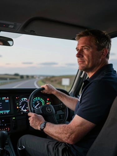 Authentic portrait of a professional UK coach driver in the cabin at twilight, dashboard illuminated, focused on the road ahead.