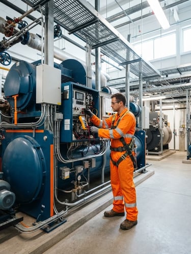 Wide-angle industrial commercial photography of a technician in high-visibility orange gear calibrating a massive commercial water chiller inside a brightly lit mechanical room.