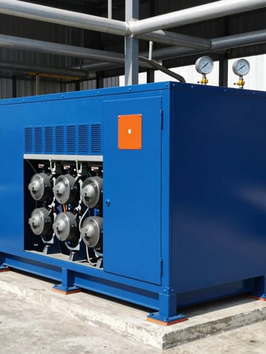 A commercial HVAC chiller unit on a concrete pad, industrial scale piping with pressure gauges, bright daylight, high contrast.