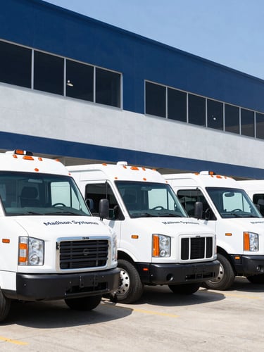 Crisp daytime commercial photography of a fleet of clean white Madison Systems Group service trucks lined up outside the Athens headquarters, bright daylight.