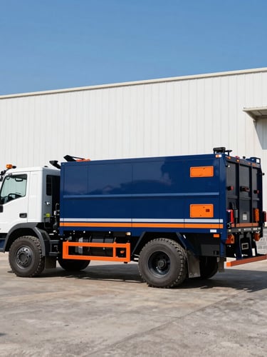 Wide-angle portrait shot of a branded heavy-duty utility truck parked outside a large commercial facility under bright daylight, crisp details of tools and equipment, deep blue sky.