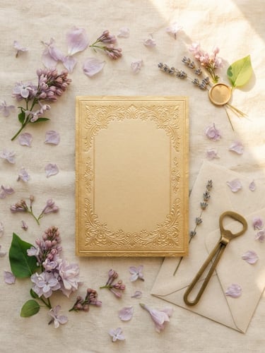 An elegant flat-lay of a golden wedding invitation on cream linen, surrounded by soft lilac petals and warm golden-hour window light.