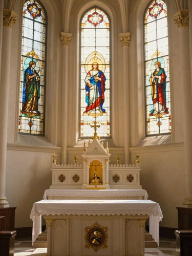Interior of Corpus Christi Church, warm sunlight streaming through stained glass windows, soft focus on the altar, elegant and sacred atmosphere