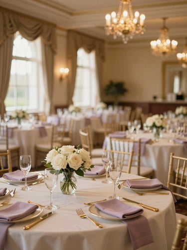 Grand ballroom at The Westgate Hotel, elegant tables set with gold cutlery, white roses, and soft lilac napkins, warm chandelier lighting