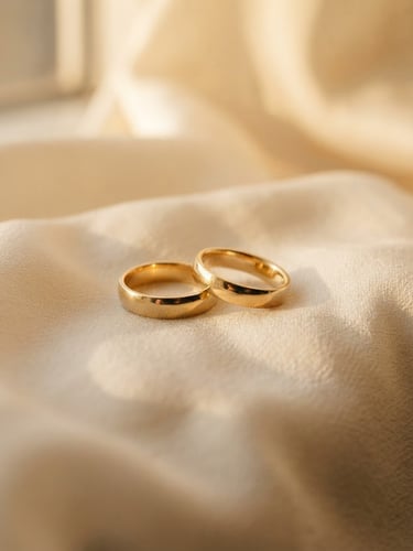 Close-up of elegant gold wedding bands on a soft ivory silk fabric, warm golden-hour window light, shallow depth of field