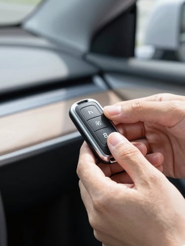 Close-up of professional hands programming a modern high-tech car key fob inside a vehicle, sharp editorial photography, bright daylight, high-contrast cool tones.