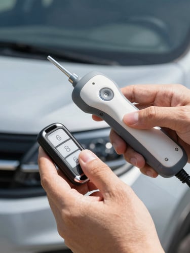 Close-up of professional hands using a high-tech diagnostic tool to program a modern car key fob inside a vehicle, sharp focus, bright daylight