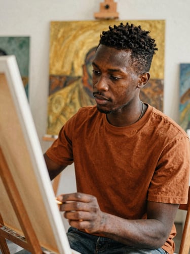 Portrait intime d'un jeune artiste peintre noir dans son studio d'Ottawa, lumière naturelle rasante, regard concentré sur sa toile, tons chauds de terre cuite et d'or, style éditorial 35mm