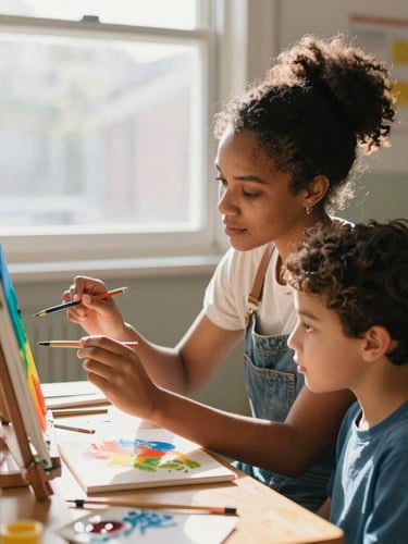 Medium shot of a young female artist of color teaching a child how to paint, warm sunlight streaming through a classroom window, candid moment of connection, rich saturated colors, 35mm editorial.