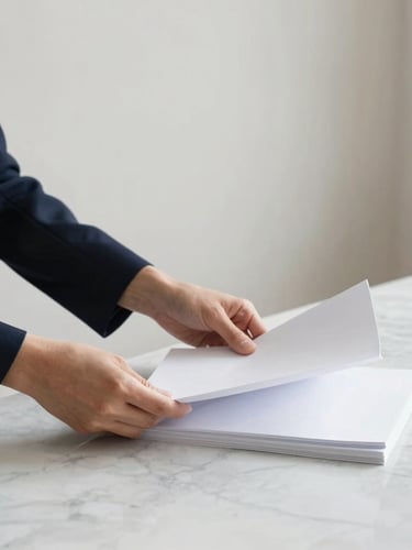 Minimalist and clean professional office workspace in Brussels, hands organizing crisp white documents on a marble table, soft natural daylight, deep navy and muted gold tones, editorial 35mm