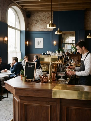 Elegant interior of a refined Brussels cafe, soft morning light illuminating a polished wooden counter, minimalist brass details, deep navy accents, professional editorial photography, 35mm