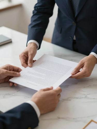 Editorial photography of professional hands organizing crisp legal documents on a clean marble desk, soft natural daylight, deep navy and muted gold tones, 35mm