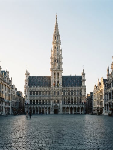 High-end editorial photograph of the iconic Grand-Place of Brussels in the morning, soft natural light, clean composition, deep navy and muted gold tones, 35mm