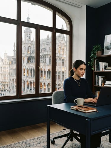 Elegant minimalist vector illustration of the Grand-Place Brussels architecture combined with editorial photography of professional workspace, soft natural daylight, deep navy tones, 35mm