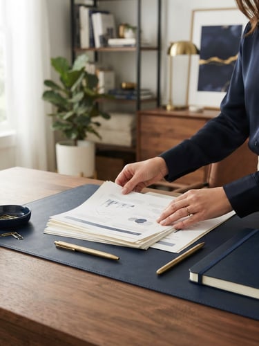 Elegant editorial photography of clean professional workspace, hands organizing crisp documents on a wooden desk, soft natural daylight, deep navy tones