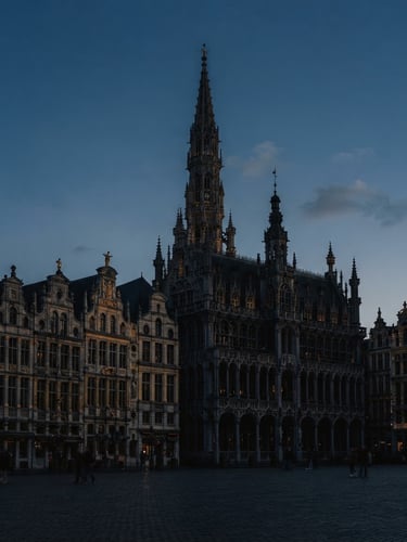 Elegant editorial photography of the iconic Brussels Grand-Place architecture silhouette, soft natural daylight, deep navy and muted gold tones, clean professional composition, 35mm