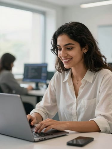 A professional Egyptian female student smiling while coding on a laptop in a bright classroom, modern workspace background, natural window light, shallow depth of field, 35mm