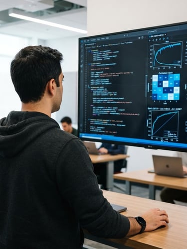 Over-the-shoulder shot of a developer analyzing complex AI code and machine learning model metrics on a large high-contrast screen in a modern tech classroom, bright electric blue accents, shallow depth of field, 35mm