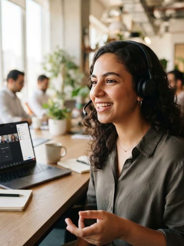 Close-up of a young Egyptian professional smiling while speaking into a headset in a modern, brightly lit co-working space, laptop open with clean interface, natural daylight, professional editorial photography, shallow depth of field, 35mm