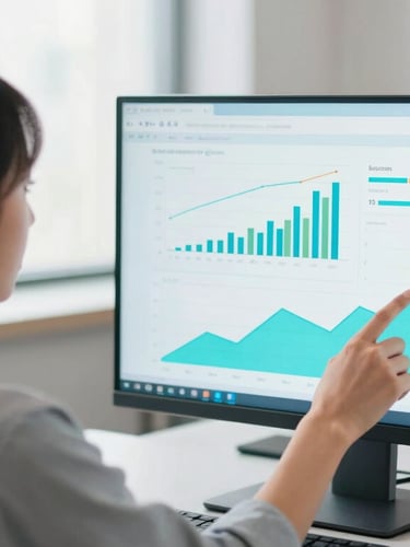 Over-the-shoulder shot of a digital marketer analyzing vibrant growth charts on a large monitor, clean modern workspace, soft daylight mixed with cyan screen glow, 35mm photography