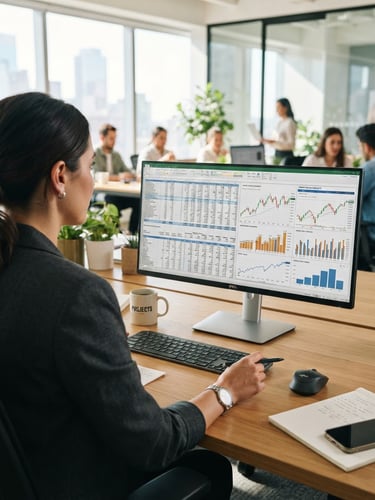 Over-the-shoulder shot of a project manager analyzing financial spreadsheets and market charts on a high-resolution screen in a modern, sunlit collaborative office, shallow depth of field, 35mm