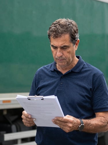 Medium-close portrait of Roberto Conte reviewing documents on a clipboard against the backdrop of a truck, natural daylight, documentary style, 35mm lens.