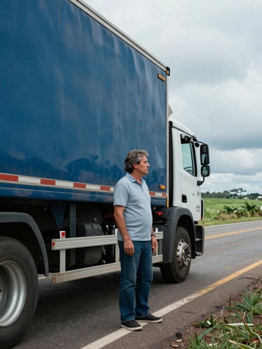 Roberto Conte standing next to a large transport truck on the side of a highway in Paraná, looking towards the horizon, natural daylight, authentic editorial style.