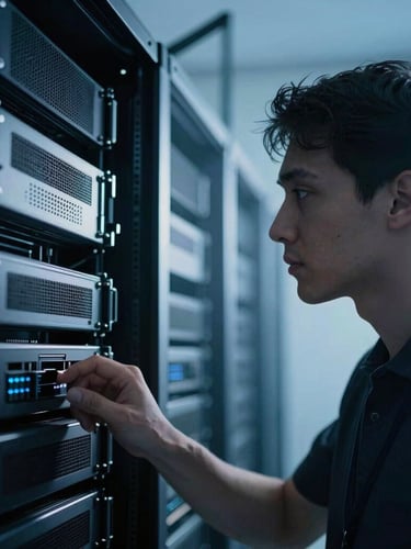 Low-key, moody portrait of a technical specialist looking at server racks, cool blue and white lighting, sharp geometric angles, 35mm
