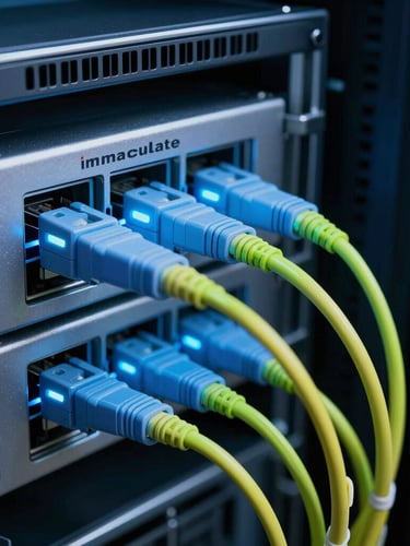 Immaculate enterprise server rack with perfect neon-blue and lime-green cable management, macro close-up of fiber optic connections glowing, cool-toned high-contrast lighting, architectural depth.