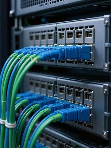Macro close-up of immaculate server racks in a dark data center, organized blue and green fiber optic patch cables, cool atmospheric LED lighting, high contrast.