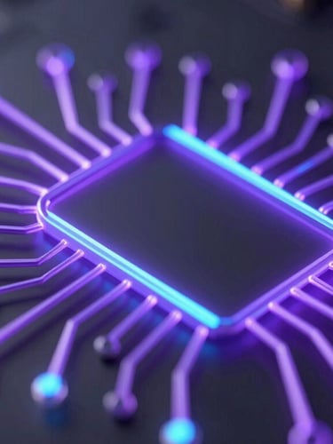 Macro close-up of a glowing neon violet circuit board tracing lines through dark frosted glass, sleek 3D render, dark obsidian background