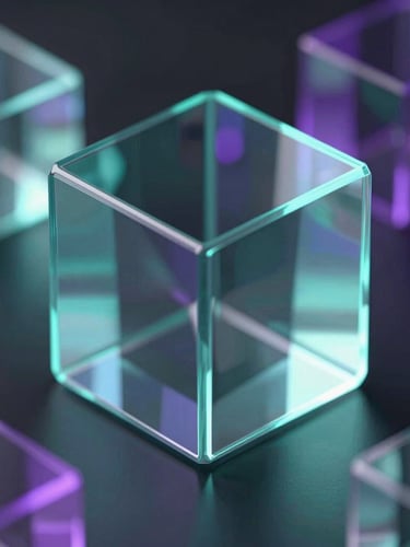 Macro isometric 3D perspective of translucent glass geometries reflecting neon cyan and violet light beams, dark obsidian background, sharp focus, depth of field.