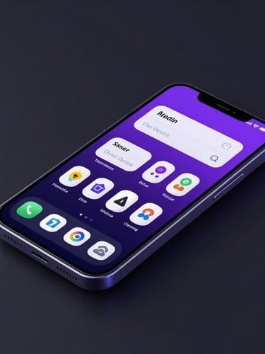 Sleek 3D render of an isometric Android phone UI showing clean system telemetry, dark ambient studio lighting with neon purple screen glow, high contrast.