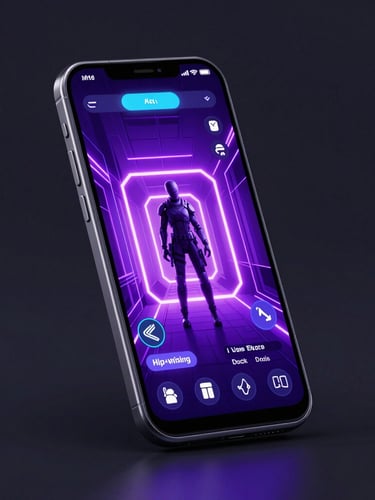 Sleek 3D render of a modern Android phone displaying a neon-lit sci-fi tactical game interface, dark ambient studio background, vibrant purple glow, isometric angle